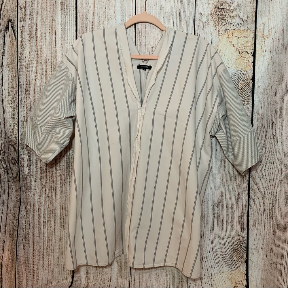 Pas de Calais Shirt Beige Stripe 38 Peasant V Neck Cotton Patchwork tunic 3XL